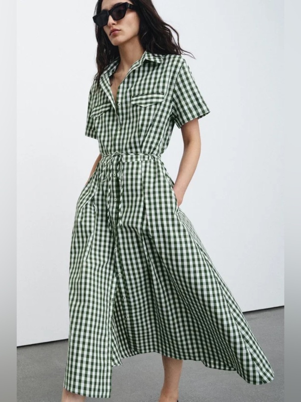 Zara ZW Collection Green Gingham Check Midi Shirt Dress M NWT